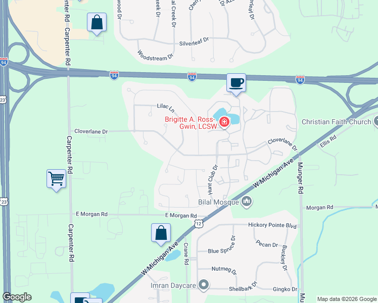 map of restaurants, bars, coffee shops, grocery stores, and more near 4295 Lilac Lane in Ypsilanti