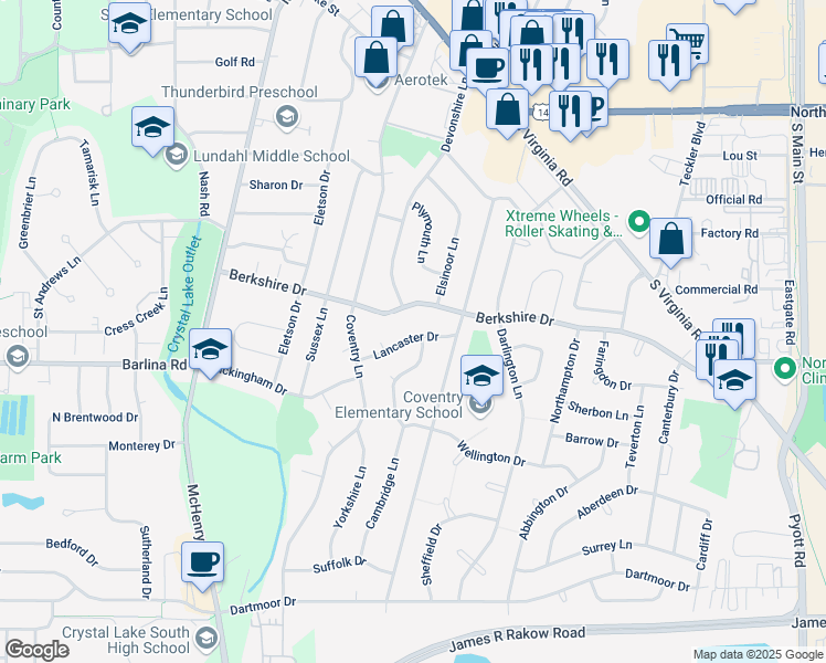 map of restaurants, bars, coffee shops, grocery stores, and more near 288 Lancaster Drive in Crystal Lake