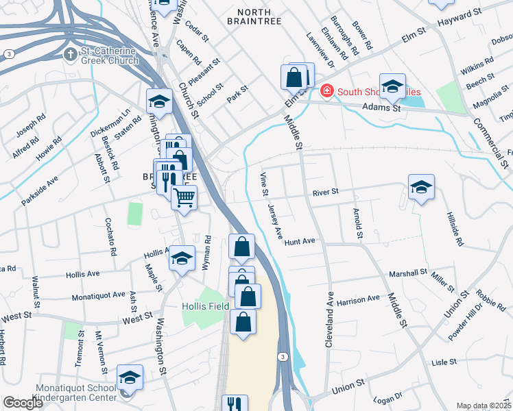 map of restaurants, bars, coffee shops, grocery stores, and more near 130 River Street in Braintree