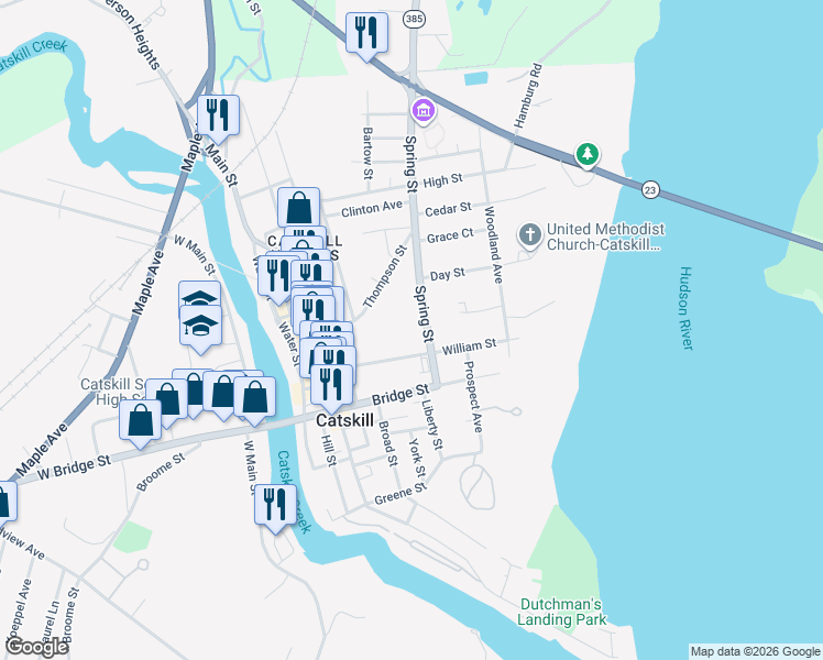 map of restaurants, bars, coffee shops, grocery stores, and more near 56-64 Spring Street in Catskill