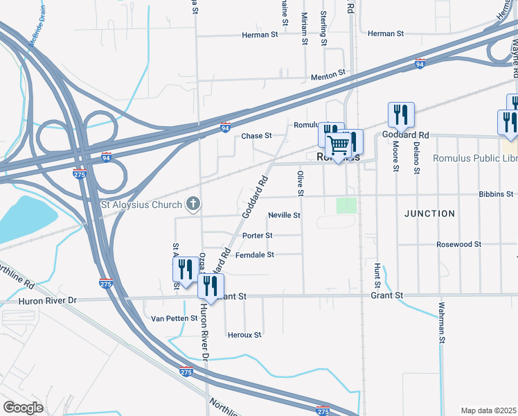 map of restaurants, bars, coffee shops, grocery stores, and more near 36892 Goddard Road in Romulus
