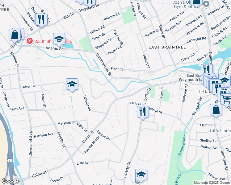 map of restaurants, bars, coffee shops, grocery stores, and more near 2 McCusker Drive in Braintree