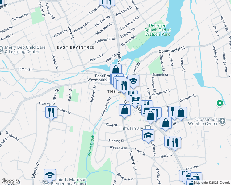 map of restaurants, bars, coffee shops, grocery stores, and more near in Braintree