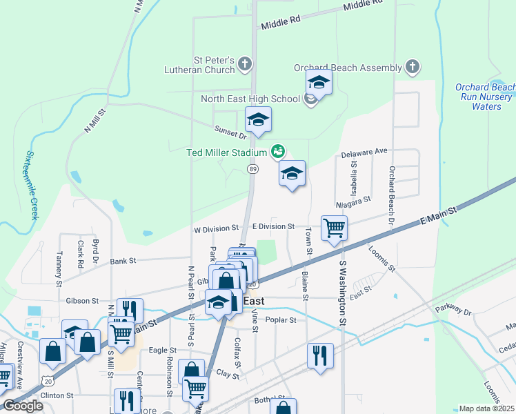 map of restaurants, bars, coffee shops, grocery stores, and more near 86 N Lake St in North East