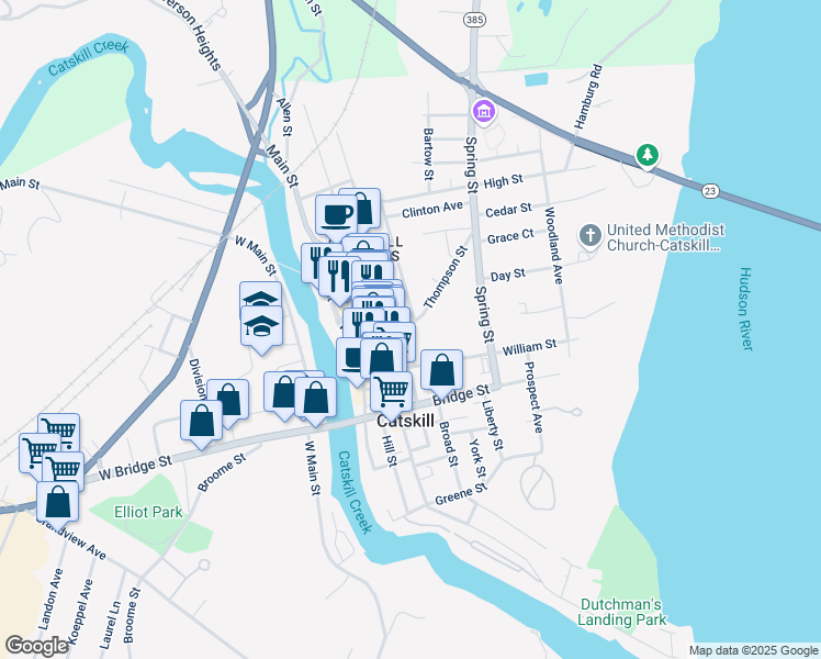 map of restaurants, bars, coffee shops, grocery stores, and more near 13 Academy Street in Catskill
