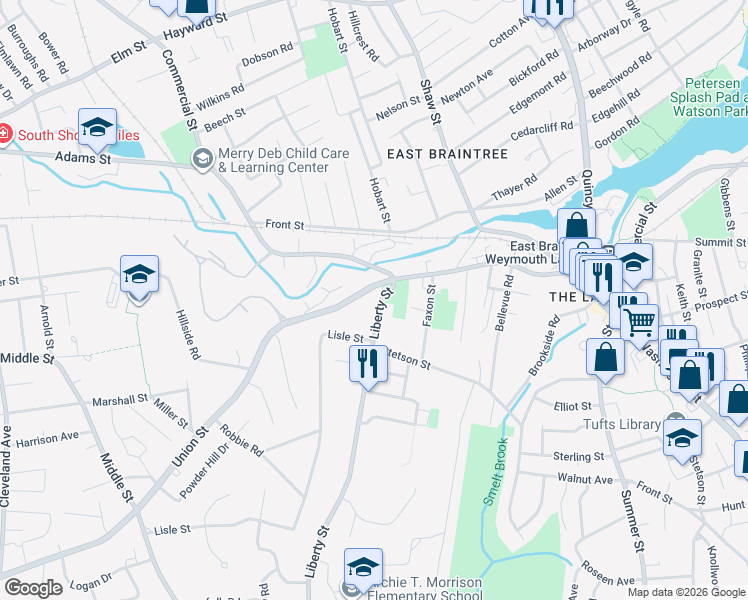 map of restaurants, bars, coffee shops, grocery stores, and more near 706 Union Street in Braintree