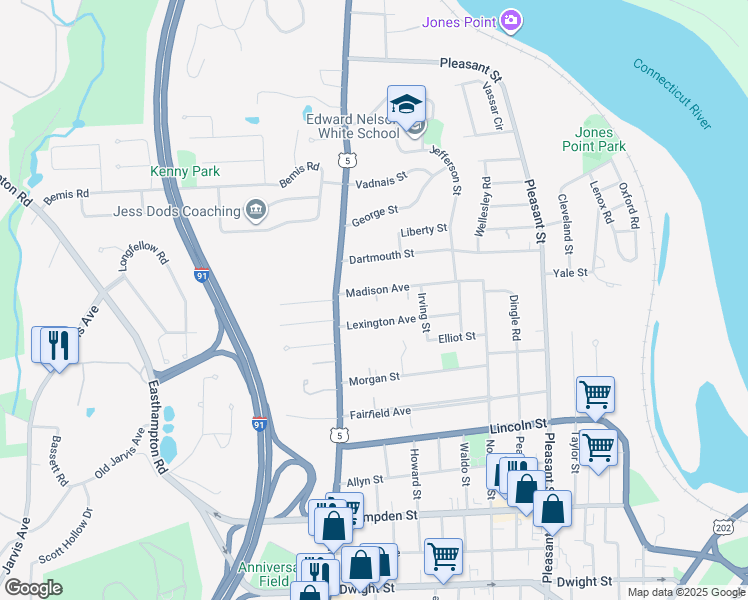 map of restaurants, bars, coffee shops, grocery stores, and more near 183 Madison Avenue in Holyoke