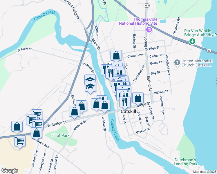 map of restaurants, bars, coffee shops, grocery stores, and more near 177-219 Water Street in Catskill
