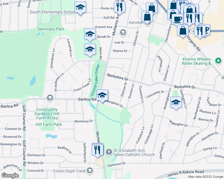 map of restaurants, bars, coffee shops, grocery stores, and more near 7504 McHenry Avenue in Crystal Lake