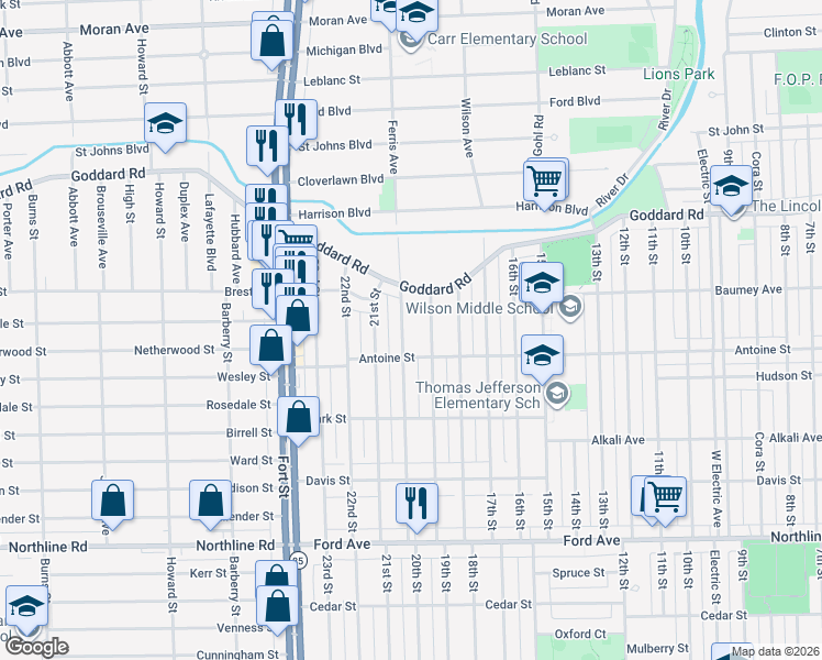 map of restaurants, bars, coffee shops, grocery stores, and more near 1051 20th Street in Wyandotte