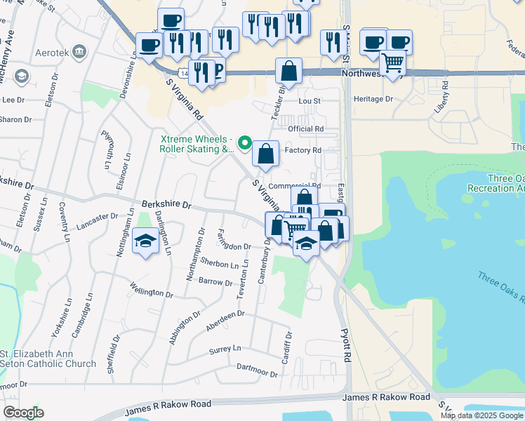 map of restaurants, bars, coffee shops, grocery stores, and more near 10 South Virginia Road in Crystal Lake