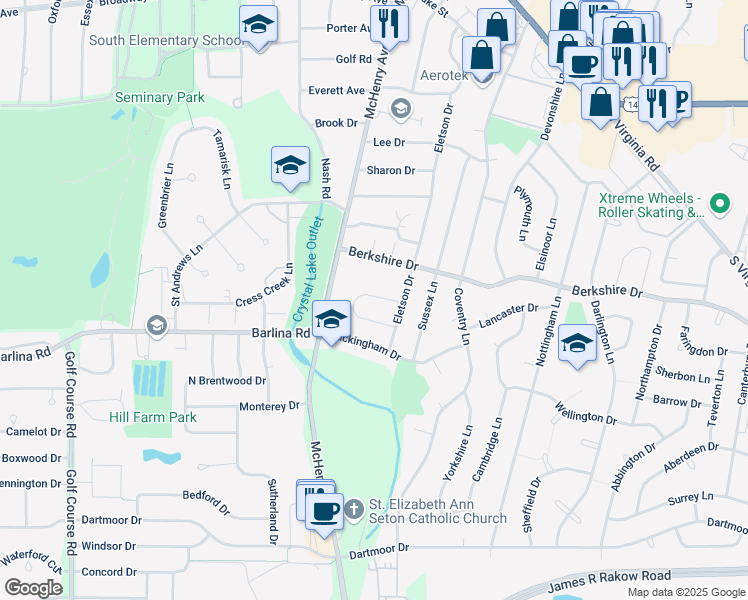 map of restaurants, bars, coffee shops, grocery stores, and more near 429 Westwood Court in Crystal Lake