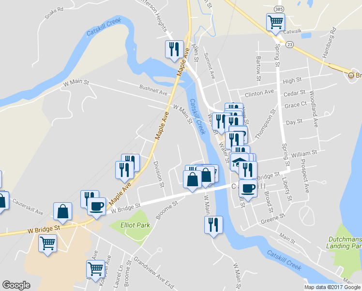 map of restaurants, bars, coffee shops, grocery stores, and more near 347 West Main Street in Catskill