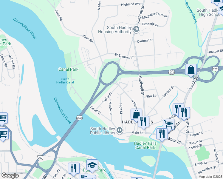 map of restaurants, bars, coffee shops, grocery stores, and more near 24 Taylor Street in South Hadley