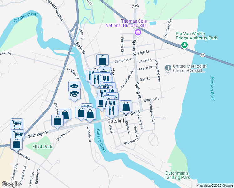 map of restaurants, bars, coffee shops, grocery stores, and more near 11 New Street in Catskill