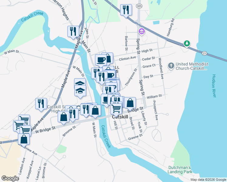 map of restaurants, bars, coffee shops, grocery stores, and more near 423 Main Street in Catskill