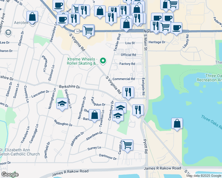 map of restaurants, bars, coffee shops, grocery stores, and more near 10 South Virginia Road in Crystal Lake
