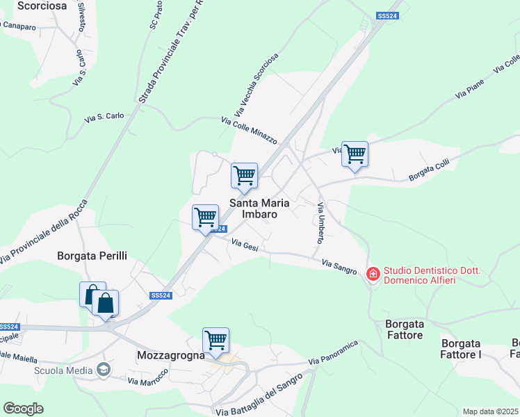 map of restaurants, bars, coffee shops, grocery stores, and more near 3-12 Strada Statale 524 in Provincia di Chieti