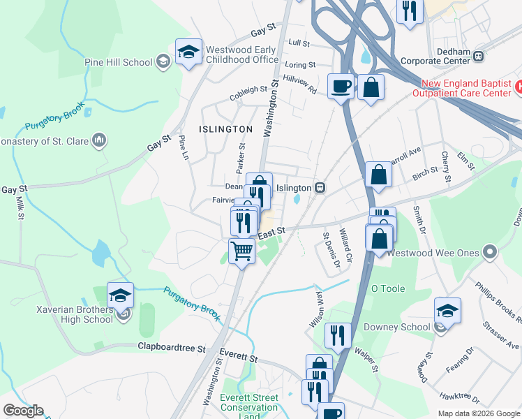 map of restaurants, bars, coffee shops, grocery stores, and more near 15 Pettigrew Place in Westwood