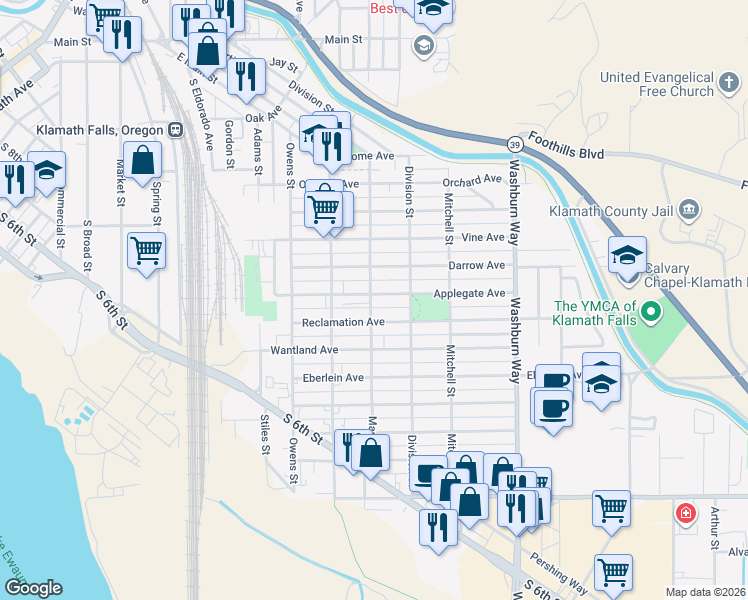 map of restaurants, bars, coffee shops, grocery stores, and more near 2145 Applegate Avenue in Klamath Falls