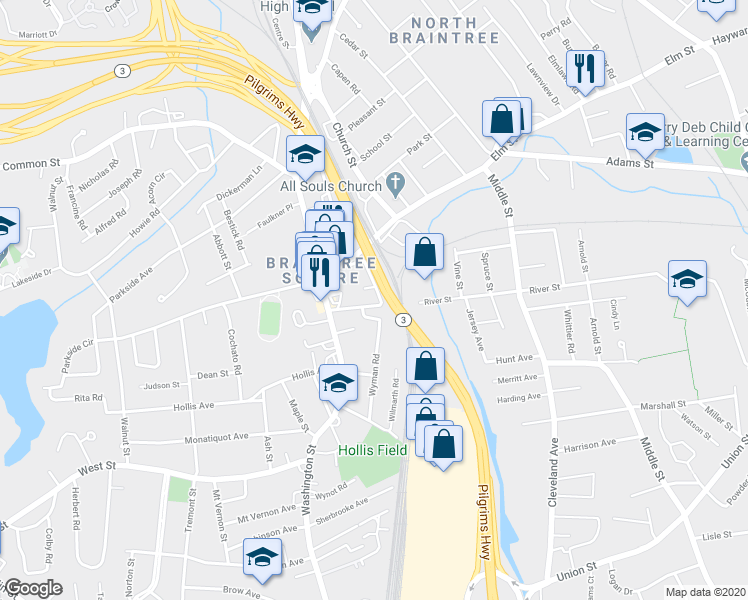 map of restaurants, bars, coffee shops, grocery stores, and more near 20 Hooker Street in Braintree