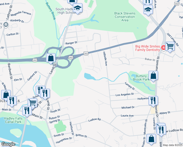 map of restaurants, bars, coffee shops, grocery stores, and more near 16 Hillcrest Park in South Hadley