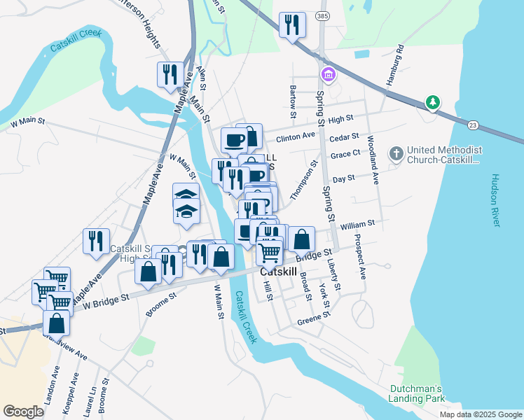 map of restaurants, bars, coffee shops, grocery stores, and more near 423 Main Street in Catskill