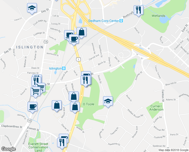 map of restaurants, bars, coffee shops, grocery stores, and more near 290 East Street in Westwood