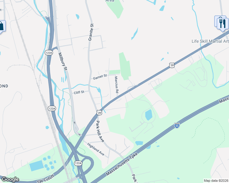 map of restaurants, bars, coffee shops, grocery stores, and more near 16 Park Hill Road in Worcester