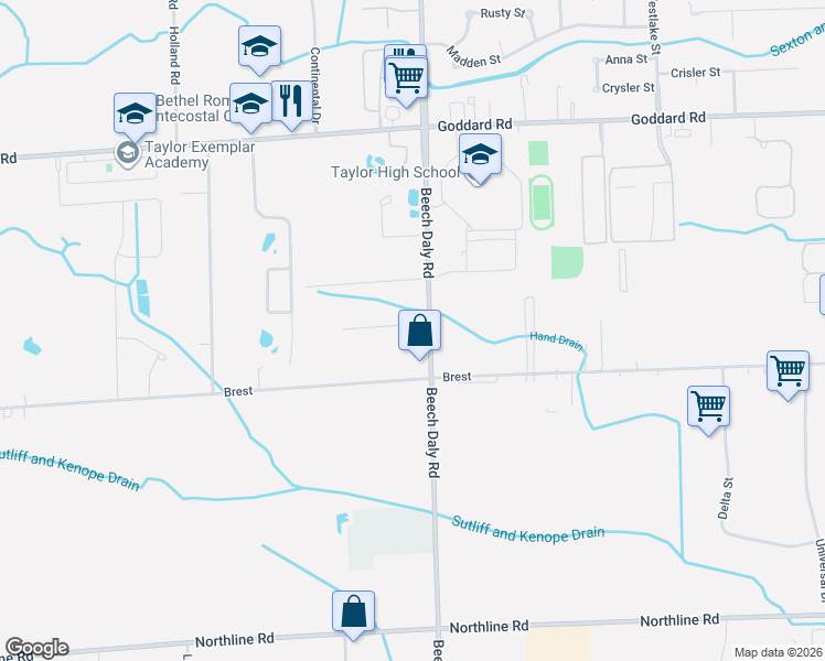 map of restaurants, bars, coffee shops, grocery stores, and more near 11770 Beech Daly Road in Taylor