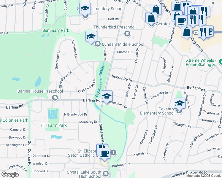 map of restaurants, bars, coffee shops, grocery stores, and more near 7504 McHenry Avenue in Crystal Lake