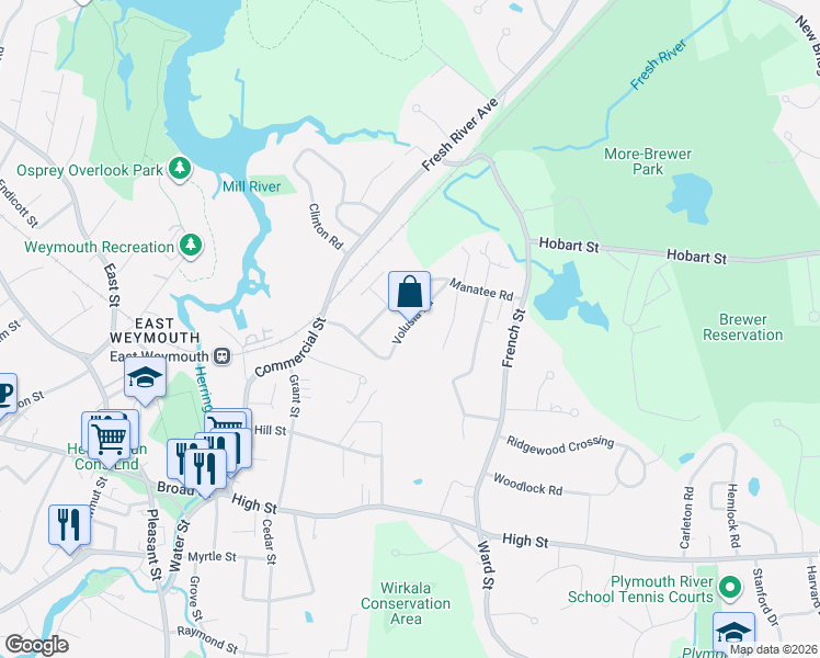 map of restaurants, bars, coffee shops, grocery stores, and more near 33 Volusia Road in Hingham