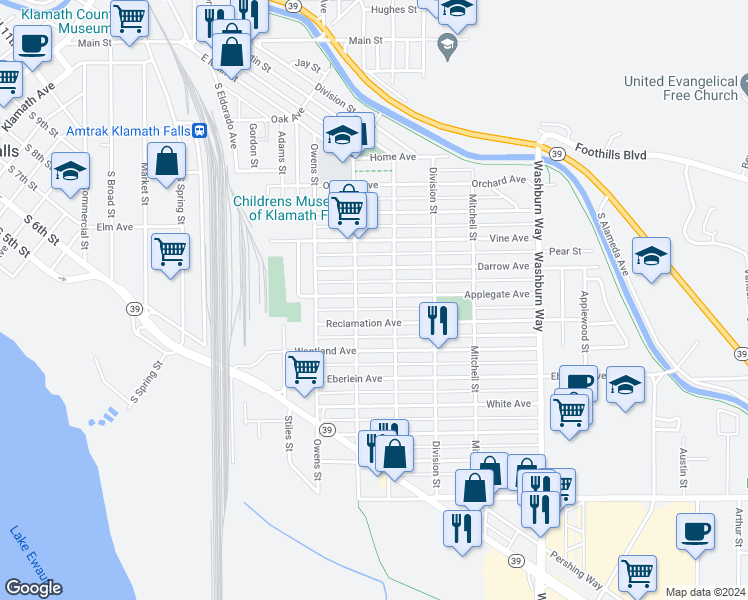 map of restaurants, bars, coffee shops, grocery stores, and more near 2128 Applegate Avenue in Klamath Falls