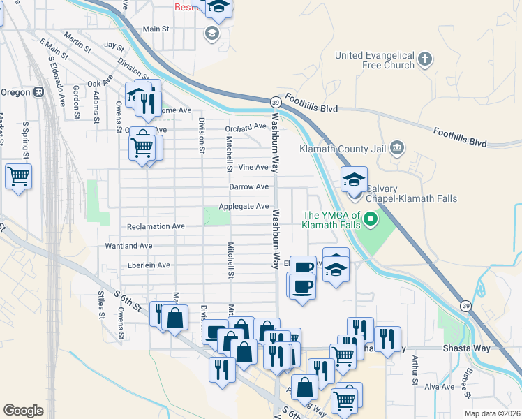 map of restaurants, bars, coffee shops, grocery stores, and more near 2525 Applegate Avenue in Klamath Falls