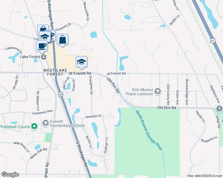 map of restaurants, bars, coffee shops, grocery stores, and more near 711 Old Elm Road in Lake Forest