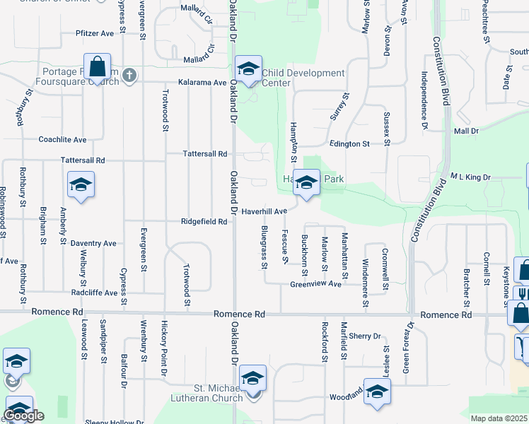 map of restaurants, bars, coffee shops, grocery stores, and more near Haverhill Avenue in Portage