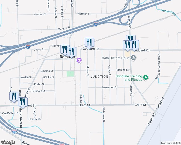 map of restaurants, bars, coffee shops, grocery stores, and more near 35935 Bibbins Street in Romulus