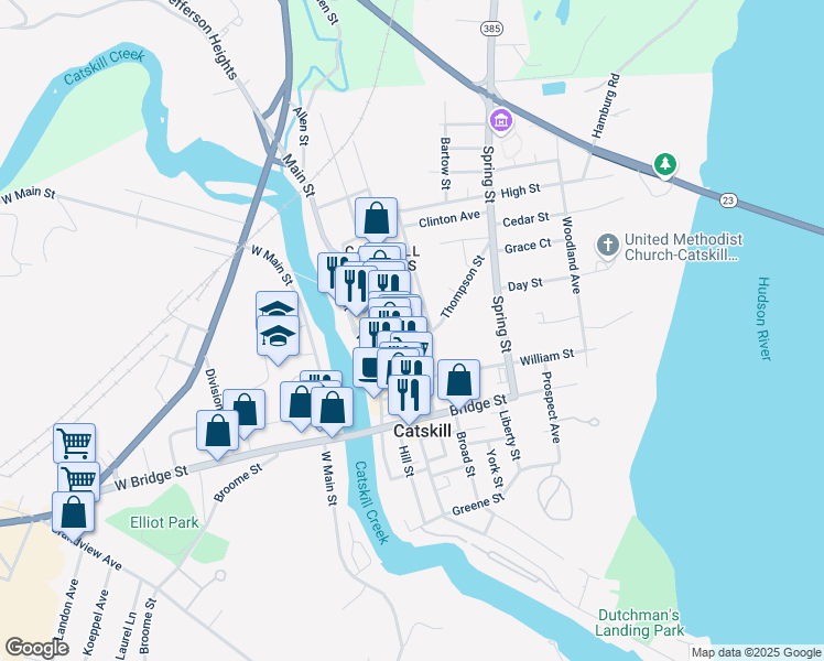 map of restaurants, bars, coffee shops, grocery stores, and more near 11 New Street in Catskill