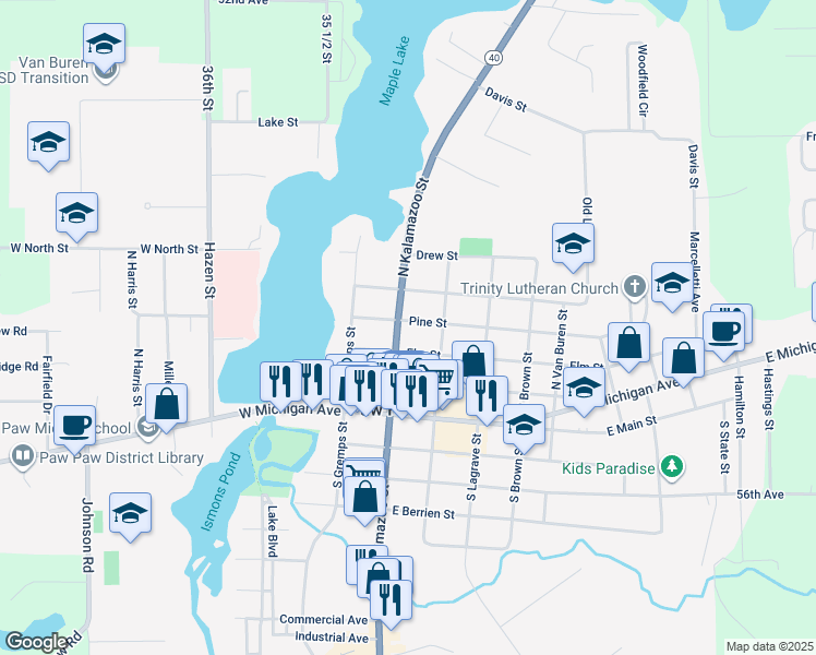 map of restaurants, bars, coffee shops, grocery stores, and more near 404 North Kalamazoo Street in Paw Paw