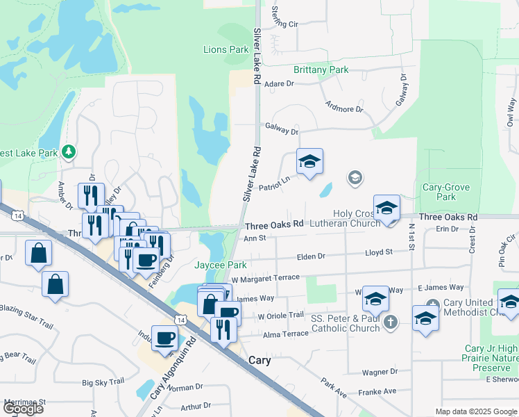 map of restaurants, bars, coffee shops, grocery stores, and more near 7512 Silver Lake Road in Cary