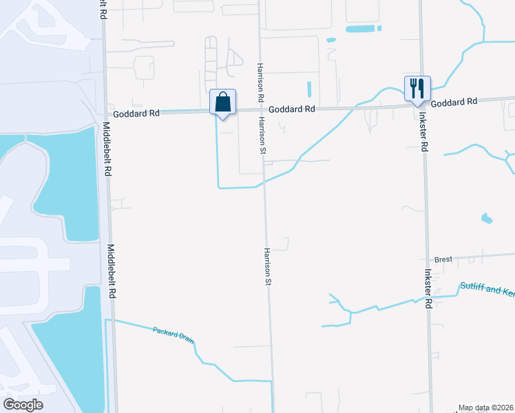 map of restaurants, bars, coffee shops, grocery stores, and more near 11380 Harrison Street in Romulus