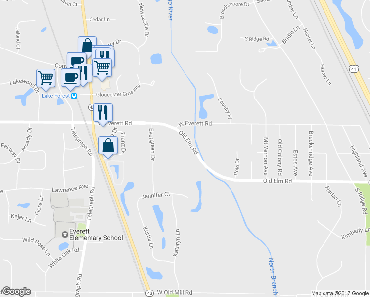 map of restaurants, bars, coffee shops, grocery stores, and more near 711 Old Elm Road in Lake Forest