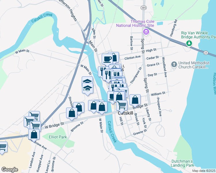 map of restaurants, bars, coffee shops, grocery stores, and more near 177 Water Street in Catskill