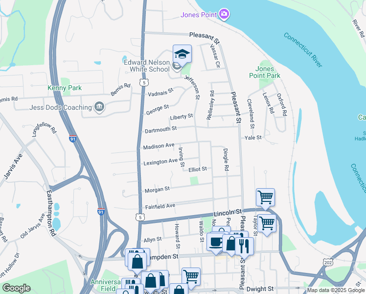 map of restaurants, bars, coffee shops, grocery stores, and more near 2 Irving Street in Holyoke