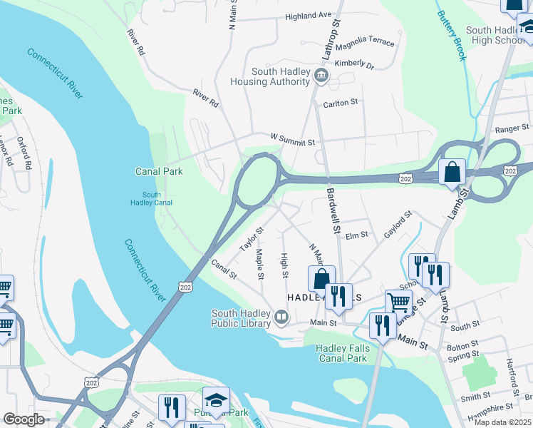 map of restaurants, bars, coffee shops, grocery stores, and more near 24 Taylor Street in South Hadley