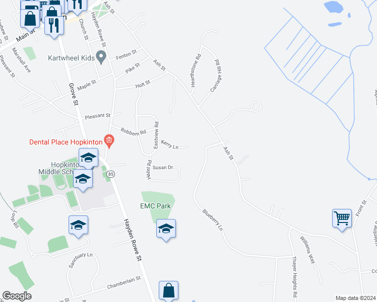 map of restaurants, bars, coffee shops, grocery stores, and more near 12 Kerry Lane in Hopkinton