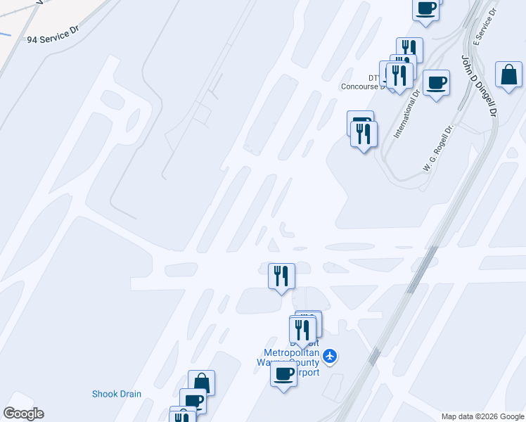 map of restaurants, bars, coffee shops, grocery stores, and more near 799 West Srv Road in Detroit