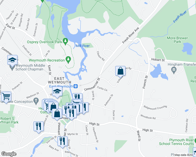 map of restaurants, bars, coffee shops, grocery stores, and more near 1678 Commercial Street in Weymouth