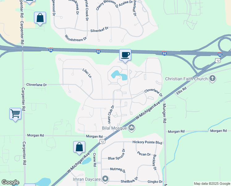 map of restaurants, bars, coffee shops, grocery stores, and more near 4685 Hunt Club Drive in Ypsilanti