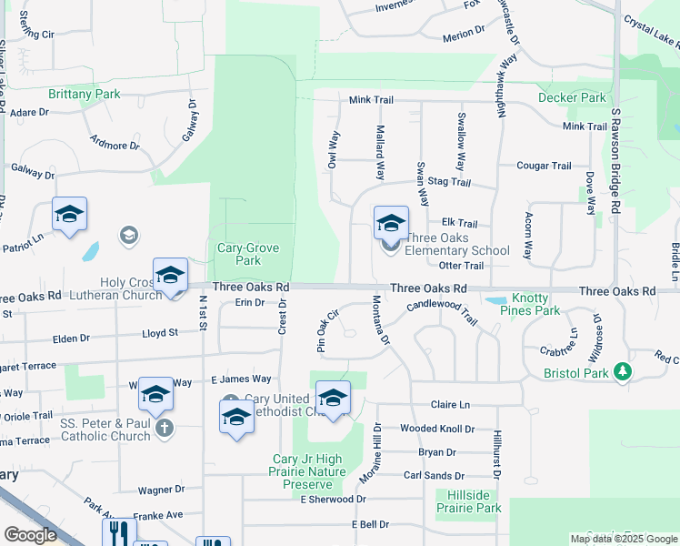 map of restaurants, bars, coffee shops, grocery stores, and more near 7405 Mallard Way in Cary